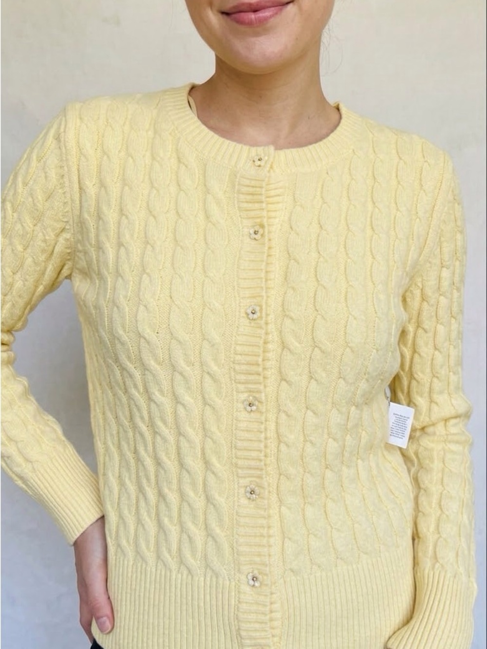 Pink Rose Pastel Yellow Cable Knit Cardigan Sweater Sz XS Floral Flower Buttons